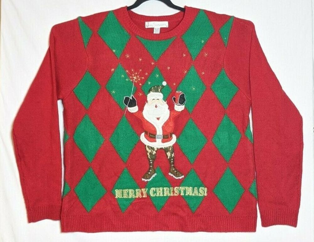 Jolly Sweaters Adult 2XL Pullover Sparkly Christmas Ugly Sweater Santa In Camo